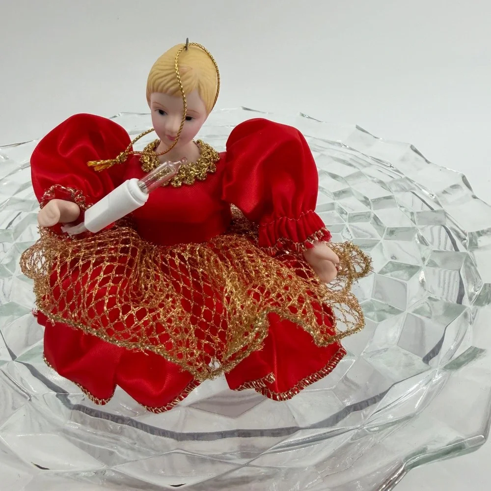 Vintage Ballerina Doll Christmas Ornament Red Gown Gold Trim Holding‎ Light